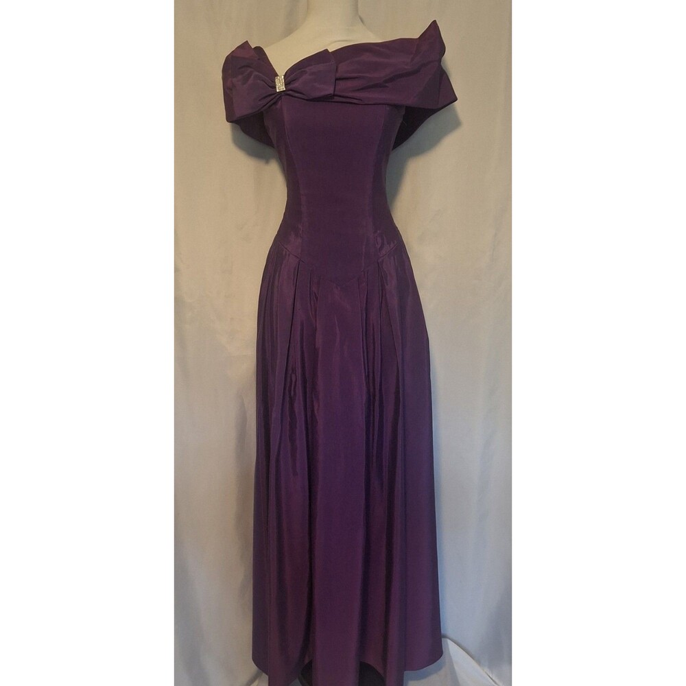 Vtg 80s Purple Taffeta Prom Dress Drop waist off shoulder union Made Sz 5/6
